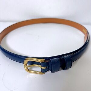 La Rue Navy Blue Leather Belt Womens Medium Solid Brass Buckle Slim Gold Tone
